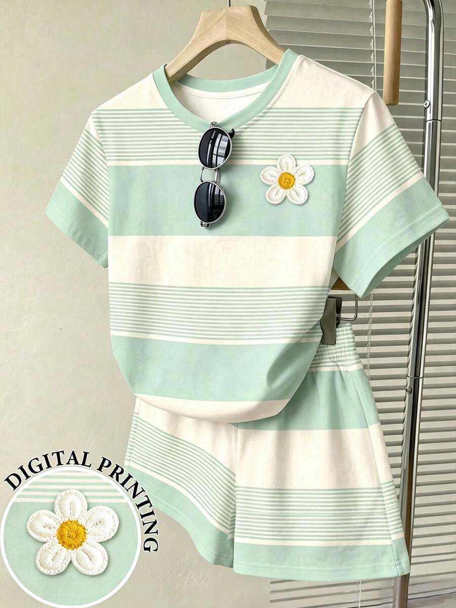 Tween女孩休閒舒適粉色條紋3D花卉圖案寬鬆圓領T恤與寬鬆短褲2件套,適合日常穿著、外出、學校、返校季,甜美風格,慵懶隨性 - 彩色 - 查看 1