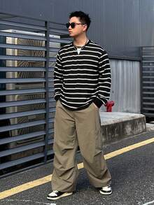 DAZY Spring/Autumn Black & White Striped Knit Fabric Crew Neck Patchwork Triangle Sleeve Ribbed Cuff Men's T-Shirt Long Sleeve Tops - Multicolor - View 3
