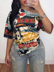 Slaydiva New Summer/Fall Plus Size Women's Asymmetrical Off Shoulder Top/Y2K/Streetwear/Back To School/Going Out/Club/Concert/Party/Chic/NIGHT/Retro Print - Multicolor - View 5