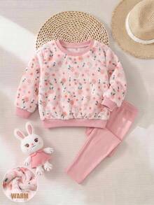 SHEIN 2件組女嬰蓬鬆碎花衛衣與鬆緊腰長褲秋季套裝 - 粉色 - 查看 1