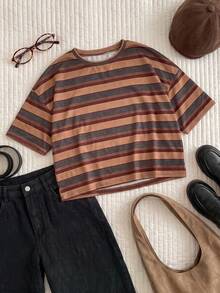 Comfortcana Yellow Solid Color Drop Shoulder Short Casual Plus Size T-Shirt - Brown - View 7