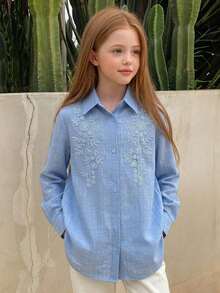 Hapijoa Casual Lapel Pattern Loose Long Sleeve Autumn Girls (Big) Shirt - Blue - View 5