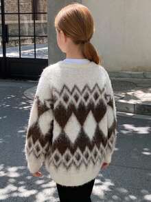 Hapijoa Tween Girl Plaid Loose Fit Autumn Sweater Top, Thick Cardigan, Colorblock Casual Knitwear Winter - Beige - View 8