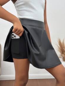 SHEIN 青少年女孩黑色仿皮迷你裙，带短裤衬里和口袋，PU 短裙，PU 短裙 - 黑色 - 查看 3