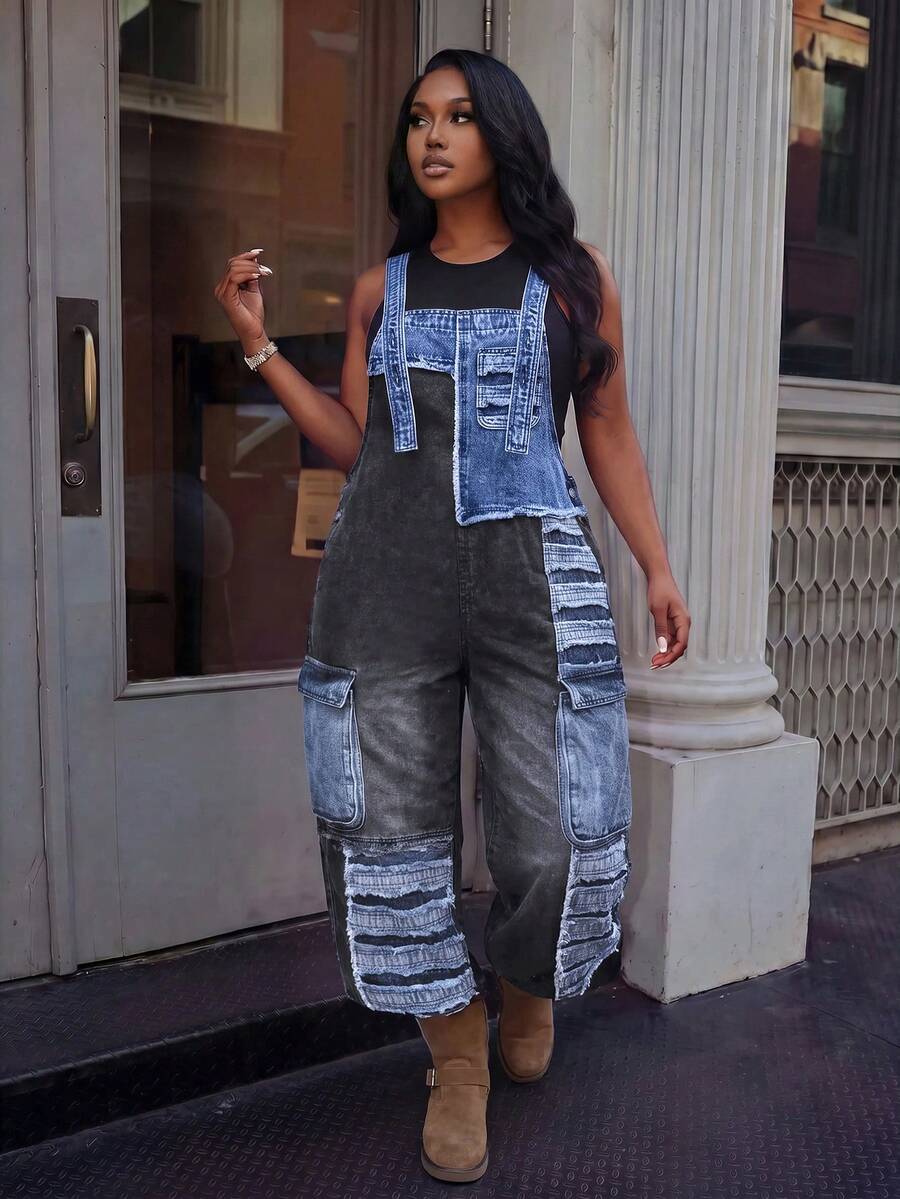 BriallanyX BriallanyX Plus Size Denim Super Loose Patchwork Overalls - Multicolor - View 1