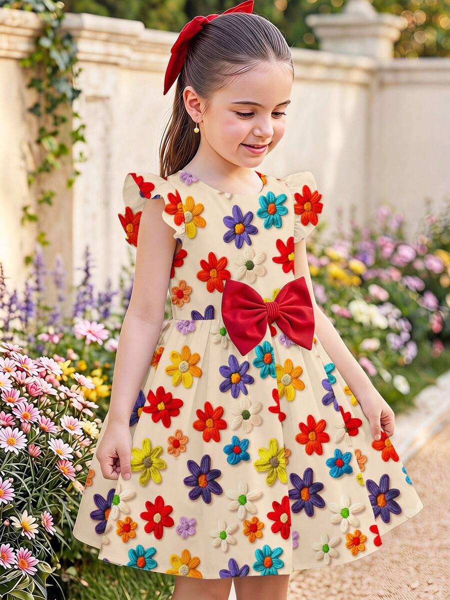 Young Girl Sweet Bow Cartoon Print Fashion Long Sleeve Dress Suitable For Autumn/Winter - Multicolor - View 1