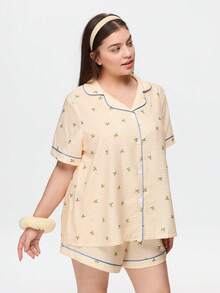 Bonmuse Plus Size Lemon Plaid Print Lapel Button-Front Short Sleeve Shorts Pajama Set - Yellow - View 8