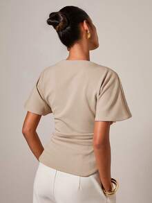 COSMINA Women's Elegant Ruched Round Neck T-Shirt, Suitable For All Seasons Neutral Tops - Khaki - View 2