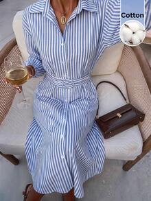 Serisse Women's Striped Long Sleeve Single-Breasted Casual Shirt Midi Dress - Blue and White - View 3