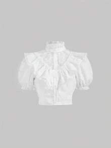 SHEIN MOD Classic White Victorian-Style Blouse,Lace Yoke Ruffled Collar Puff Sleeves Button-Up,Elegant Summer Tea Party,Vintage-Inspired Office Wear - White - View 2