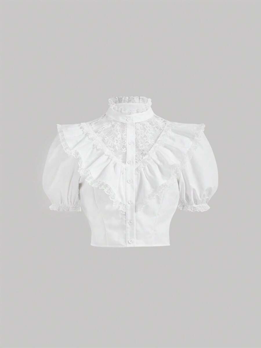 SHEIN MOD Classic White Victorian-Style Blouse,Lace Yoke Ruffled Collar Puff Sleeves Button-Up,Elegant Summer Tea Party,Vintage-Inspired Office Wear