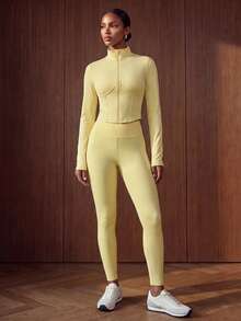 Zivah Women's Sportswear Set Zipper Long Sleeve Jacket & Long Pant With Pockets Gym Workout Activewear Outfit For Autumn Winter - Yellow - View 3