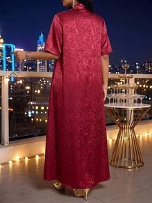 SHEIN Lady Plus Size Women Drawstring Waist Wide Leg Pants Short Sleeve Long Robe Casual Elegant Daily 2 Pieces Set Dinner Formal Wedding Guest Burgundy Summer - Burgundy - View 2
