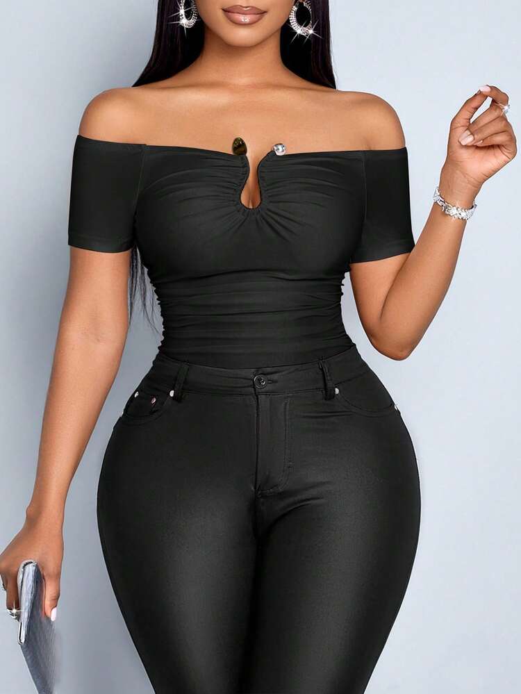 SOLERSUN Women's Solid Color Off-Shoulder Short Sleeve Slim Fit T-Shirt With Pleats - Black - View 7