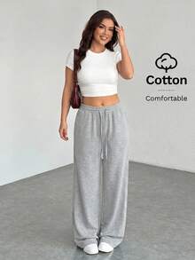 SHEIN PETITE CURVE 大尺碼純色極簡抽繩腰口袋休閒長褲 - 淺灰色 - 查看 6