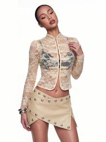 SHEIN ICON Women's French Sexy Lace Sheer Double-Breasted Long Sleeve Jacket - Beige - View 3