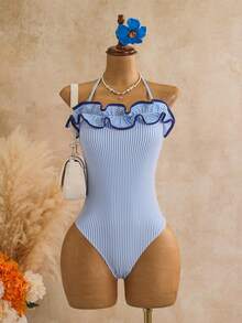 Sunnyshic Spring/Summer New Women's One-Piece Ruffle Beach Vacation Swimsuit - Blue - View 4