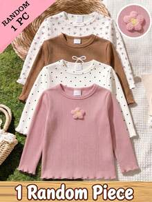 SHEIN 1 Buah Atasan Lengan Panjang Leher Bulat Anak Perempuan (Acak), Aplikasi Bunga 3D, Tersedia dalam Motif Bunga 3D Merah Muda, Polka Dot, Cokelat, dan Pita, Hem Berumbai Vertikal Bertekstur, Potongan Ramping, Cocok untuk Jalan-jalan, Pakaian Sehari-hari, Musim Semi, Musim Gugur, Musim Dingin - Aprikot - View 4