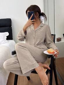 Napfluff 女士宽松舒适针织领长袖睡衣套装，女士长袖睡衣两件套，家居服套装，舒适睡衣套装，长袖家居服套装，秋冬服装 - 彩色 - 查看 3