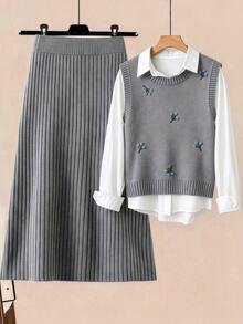 GlowEve CURVE Women's 3D Embroidered Knit Vest & Ribbed Slit Knit Midi Skirt Soft Commute Set - Grey - View 1