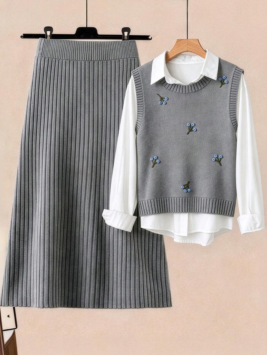 GlowEve CURVE Women's 3D Embroidered Knit Vest & Ribbed Slit Knit Midi Skirt Soft Commute Set - Grey - View 1