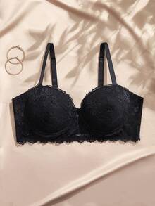 Charlaine Sutiã Sexy de Renda Plus Size com Bojo e Aro, Push-Up, Efeito Minimizador, 1 Peça - Preto - Visão 2