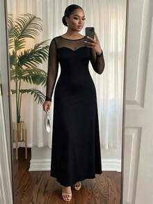 SHEIN Lady CURVE 大尺碼優雅通勤風網紗拼接洋裝 - 黑色 - 查看 4