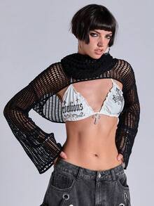 ACID BLVD Women's Y2K Versatile Mesh Hollow Long Sleeve Hooded Sweater - Black - View 3
