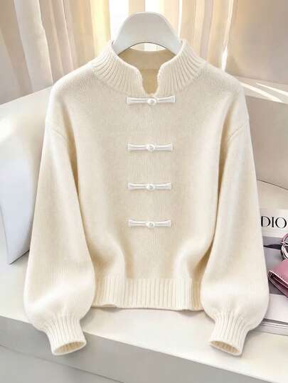 Qadelle Damen-Kurzpullover im neuen chinesischen Stil, figurbetont, mit Stehkragen, kleinem Ausschnitt, einfarbig, Froschknöpfen, Laternenärmeln und geripptem Saum, Herbst/Winter