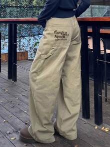 DAZY Women's Casual Loose Embroidered Letter Jeans, Korean Style Cute Tops - Khaki - View 1