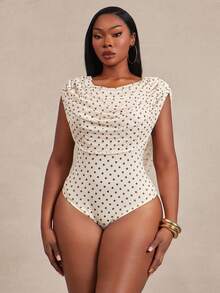 Radiana Curve Plus Size Summer Elegant Polka Dot Print Bodysuit - Yellow - View 5