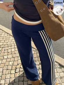 Muchica 女款海軍藍棉混紡直筒針織長褲，附織帶拼接與印花，適合休閒外出、街頭風與Y2K風格 - 寶藍色 - 查看 5
