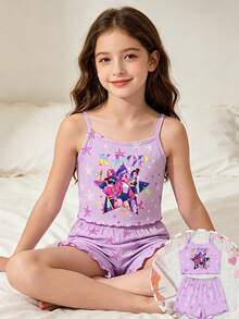 [5 Set Acak, 1 Set Dikirim] Piyama Anak Perempuan Remaja, Mode Musim Panas Terbaru Motif Kartun Lucu K-POP, Atasan Camisole Rajut Berkerut & Celana Pendek Motif Seluruh Permukaan, Set Pakaian Tidur 2 Potong, 1 Set (Pengiriman Acak) - MultiWarna - View 1