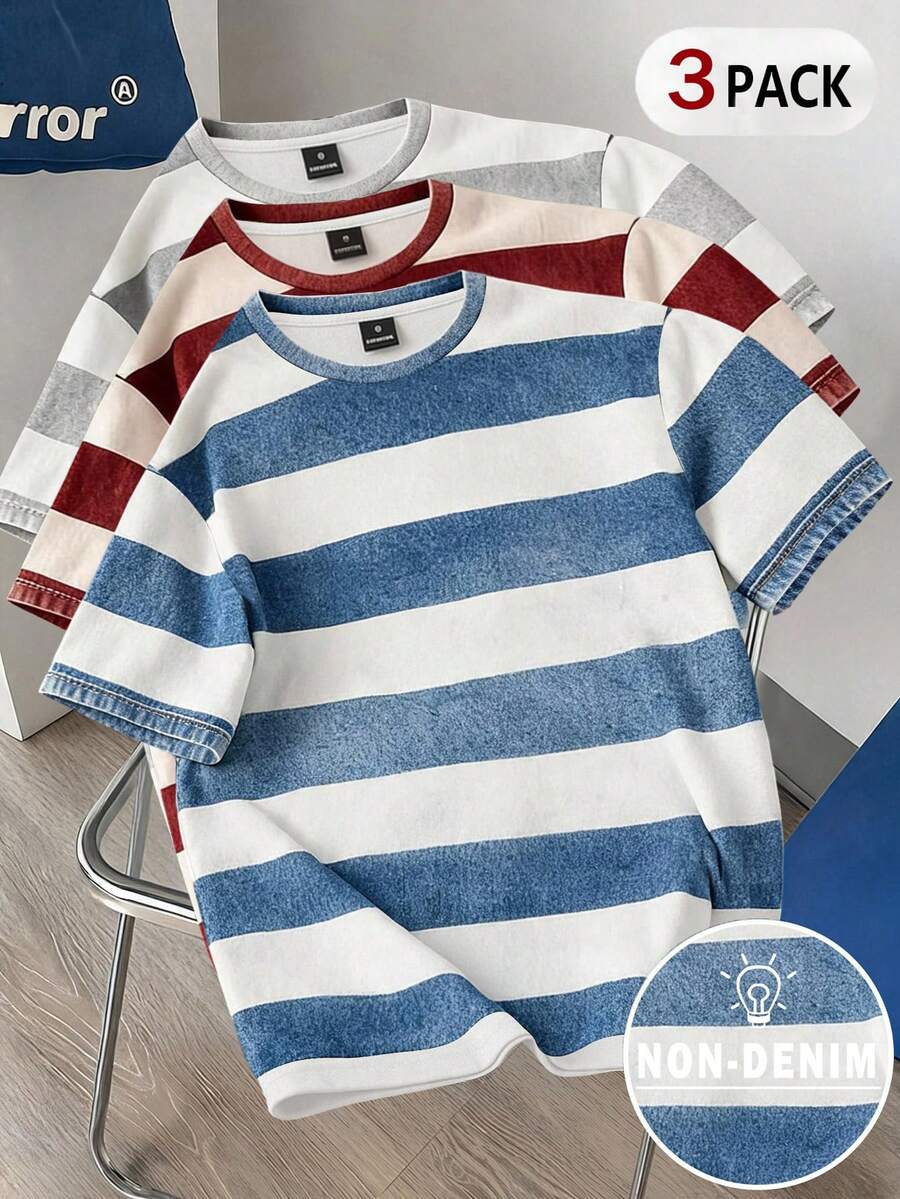 Daypath Men's Denim Effect Striped Print 3-Piece T-Shirt - Multicolor - View 1