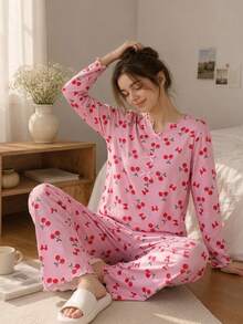 Girls' Fashionable Comfortable Cute Cherry Print Long Sleeve Pants Milk Silk Fabric Loungewear Set - Pink - View 10