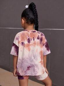 SHEIN Set Kasual Anak Perempuan: Kaos dan Celana Pendek Motif Tie-Dye, Bahu Longgar, Kerah Bulat - MultiWarna - View 3