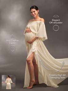 Cheriluna Maternity 女式露肩纯色高开衩荷叶边下摆孕妇摄影连衣裙 - 杏色 - 查看 6
