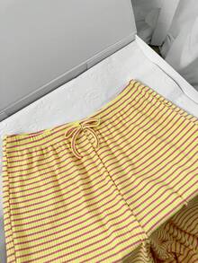 Pantalones largos casuales de uso diario para adolescentes con rayas, bloques de color y cintura con cordón - Amarillo - Ver 4