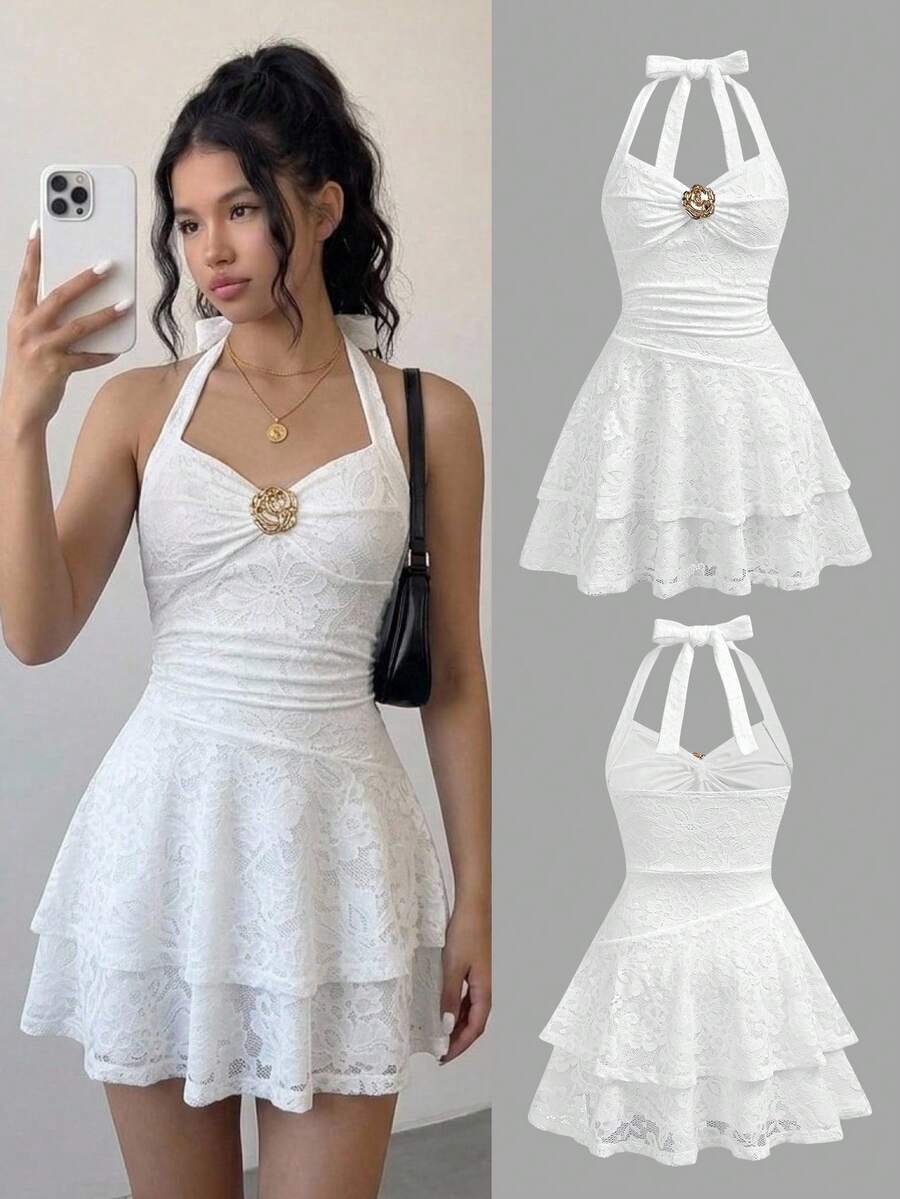 SHEIN Girlism 儿童及青少年女孩白色蕾丝层叠露背褶皱腰身修身迷你连衣裙,优雅质感面料,适合春夏海滩度假、派对、约会、情人节、复活节、狂欢节、邮轮假期、花童、婚礼季等场合。 - 白色 - 查看 1