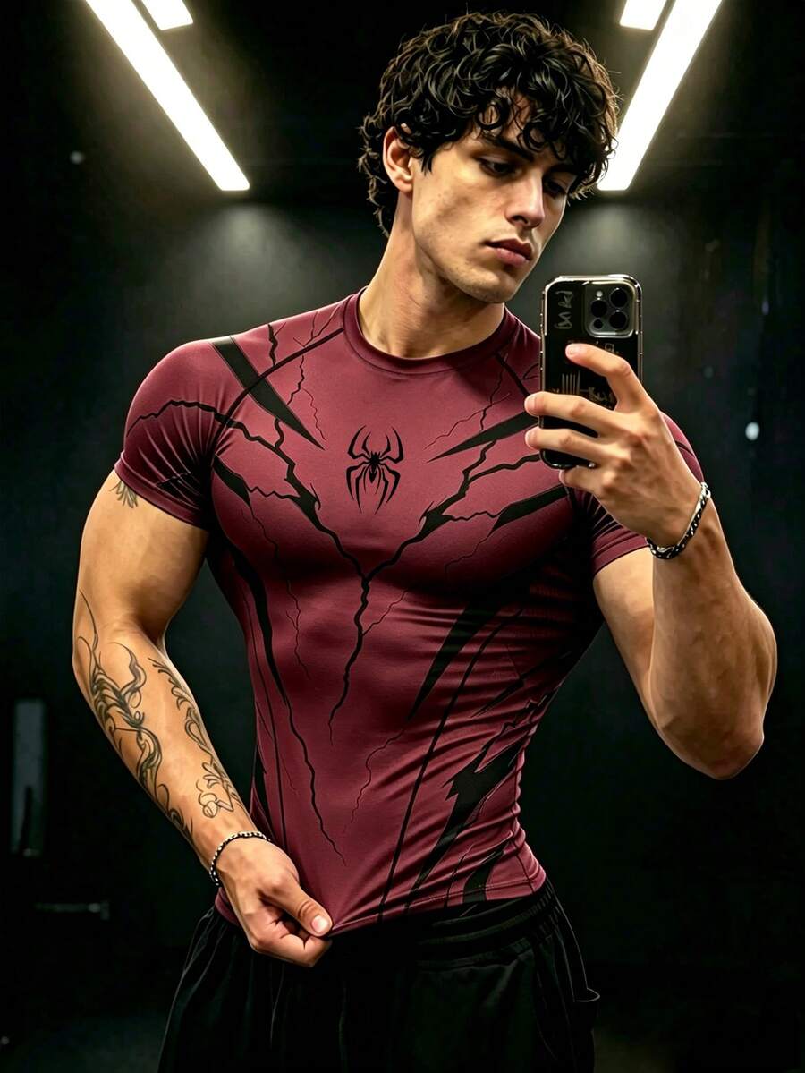 Gym Rark Men's Spider Print Short Sleeve Slim Fit Sports T-Shirt - Black - View 1