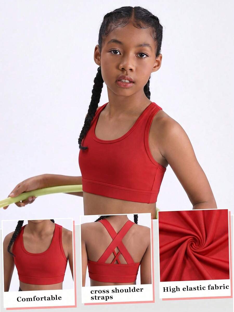 SHEIN 青少年女孩純色交叉背部運動背心 - 紅色 - 查看 1