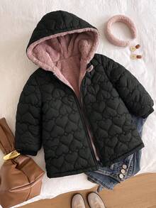 SHEIN Baby Girl Autumn/Winter Cute Black Heart Pattern Thermal Lined Hooded Jacket And Pants Set - Black - View 6