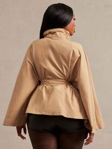 Radiana Plus Size Women's Autumn/Winter Versatile Black Tie-Waist Short Batwing Sleeve Cape Style Trench Coat Jacket Office Work Elegant Fall - Khaki - View 2