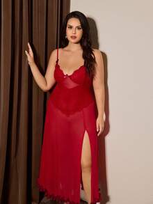 Slumberist Plus Size Women's Sheer Mesh Sexy Red Lace Side Slit Ruffle Trim Nightgown - Red - View 4
