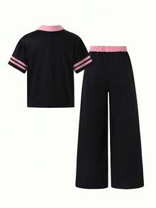 SHEIN Sparklyn 青少年女孩 T-Shirt 2 件套，休閒，寬鬆，針織，返校，復古，秋季服飾，秋季，萬聖節，女孩套裝，女孩套裝 - 黑色 - 查看 2