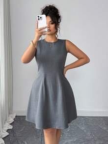 Elenzga Vestido casual sin mangas de unicolor, talla grande, para verano - Gris - Ver 7