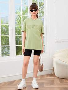 SHEIN Teen Girls Letter Pattern Drop Shoulder Tee - Mint Green - View 4