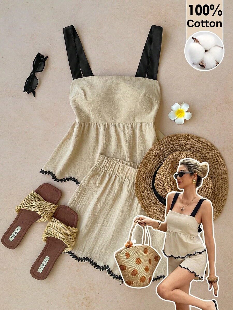 Muvela Aprikot gewebter Stoff Zweiteiler Lässig Träger-Camisole und Mini-Shorts ärmellos Farbblock Knoten-Details Damen Outfit Sommer