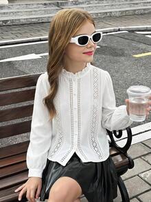 SHEIN 青少年女孩休閒純棉白色襯衫，刺繡裝飾、荷葉邊、單排扣，純白色優雅鏤空襯衫，春季風格 - 白色 - 查看 13