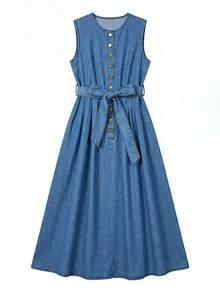 Everyssa Fall Vintage Sleeveless Button Front Belted Waist Midi Length Elegant Daily Wear Going Out Office Denim Dress For Women - Medium Wash - View 5